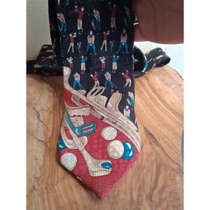 Atlas Mens Golf Novelty Silk Tie Black Red Vintage Golfers Clubs Sports Necktie